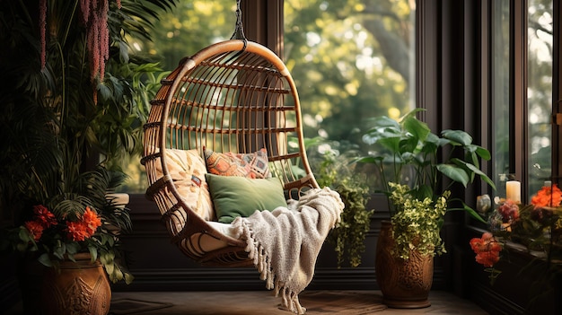 Bohemian Rattan Schaukelstuhl mit Plüschkissen in einer gemütlichen Ecke