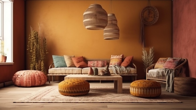 Boho aconchegante sala de estar design de parede brilhante