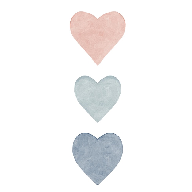 Boho acuarela pastel dibujado a mano tres corazones sobre un fondo blanco
