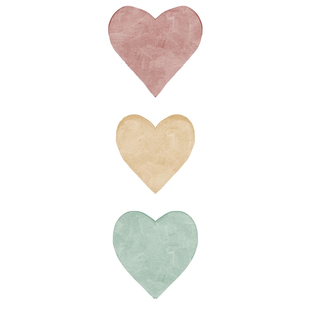 Boho acuarela pastel dibujado a mano tres corazones sobre un fondo blanco