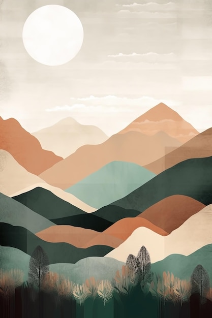 Boho-Berge und Sonnenlandschaft Illustration Ai generiert