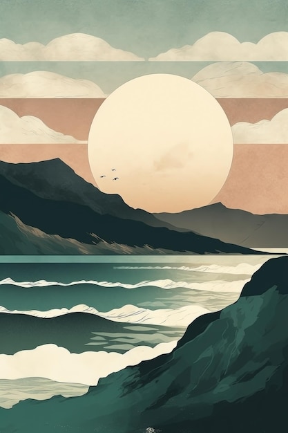 Boho-Berge Wasser und Sonne Landschaft Illustration Ai erzeugt