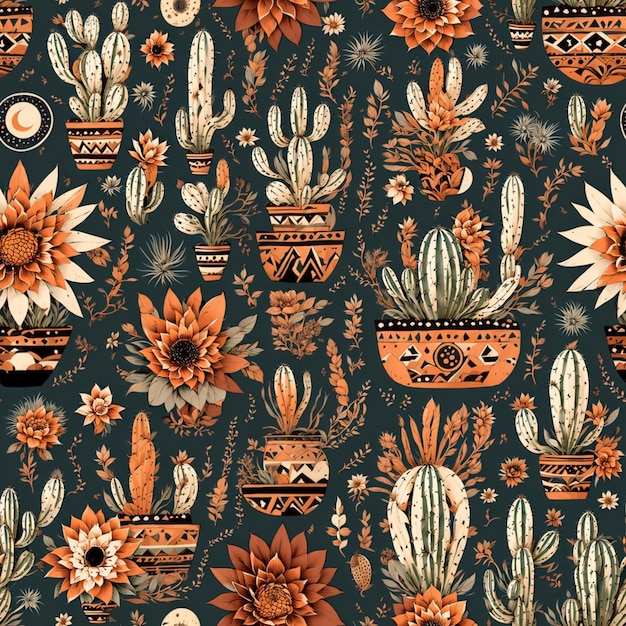 Foto boho cactus art wallpaper padrão sem costura arte digital colorida background ai gerado