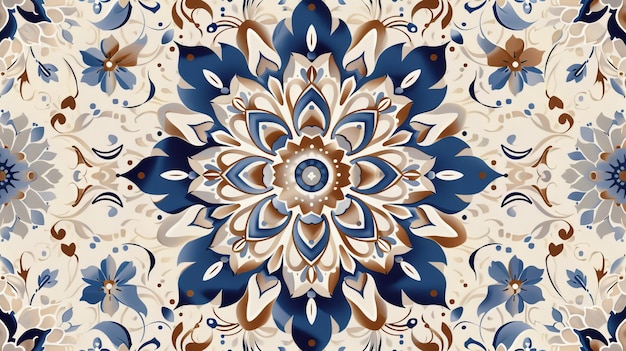 Boho-chic Blumen nahtloses Muster Eleganter blumiger Hintergrund für Tapeten Geschenkopierstoffe Stoffdrucke Möbel Vorhänge Mandala Designelement Ungewöhnliches blühendes Ornament Blau braun beige