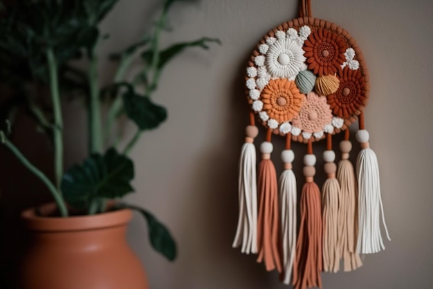 Boho decoración para colgar en la pared Borla de cuentas y terracota para colgar en la pared pequeña decoración de arcilla colgante Arte de pared bohemio Se creó la decoración de la pared