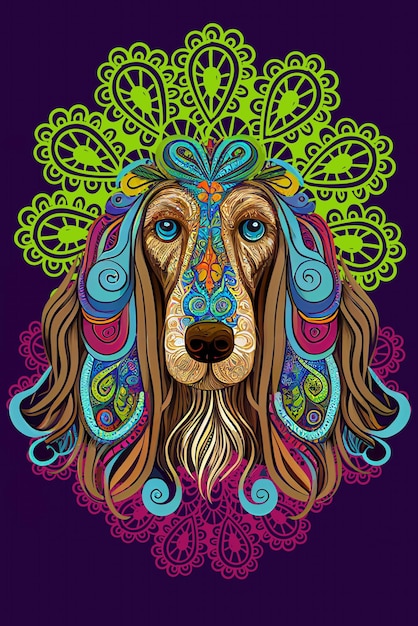 Foto boho dog afghan hound ilustração mandala floral india cores psicodélicas imprimir pôster tshirt