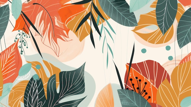 Boho folhagem botânica folhas tropicais e desenho floral para venda de verão bandeira arte de parede impressões e tecidos arte abstrata natureza fundo moderno papel de parede de linha de forma moderna