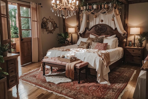 Boho-Glam-Schlafzimmer mit einer Mischung aus Bohemian und Luxus