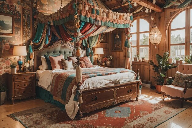 Boho-Glam-Schlafzimmer mit einer Mischung aus Bohemian und Luxus