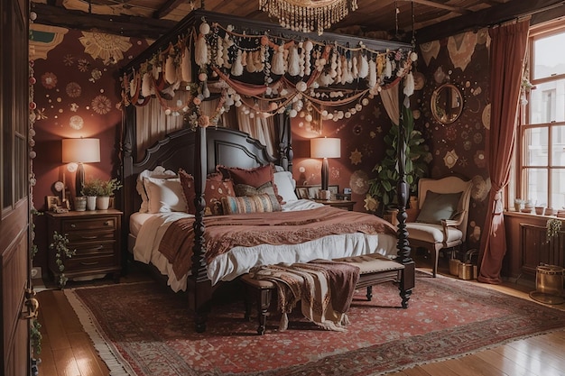 Boho-Glam-Schlafzimmer mit einer Mischung aus Bohemian und Luxus