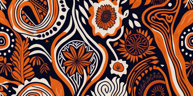 Boho Hintergrund Illustration abstrakte Pflanzenmuster orange weiß und blau Generative KI