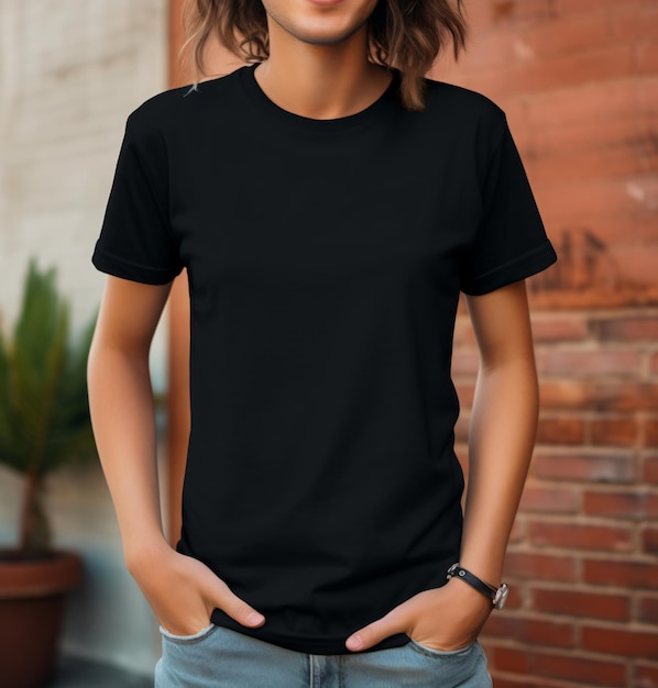Boho-Hipster-Mädchen mit einem leeren schwarzen T-Shirt-Mockup und Jeans, die gegen die Straßenwand posieren