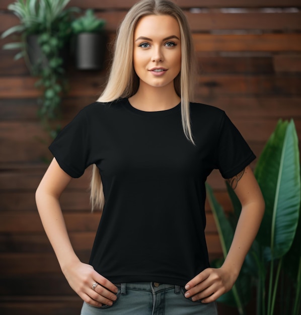 Boho-Hipster-Mädchen mit einem leeren schwarzen T-Shirt-Mockup und Jeans, die gegen die Straßenwand posieren