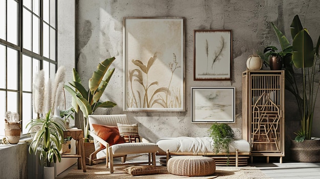 Foto boho-interieur-stil wandmodell wandkunst küstenstil generativ ai