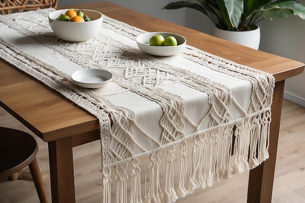 Boho Macrame Table Runner com padrões tecidos à mão e detalhes de franjas para elegância de jantar boêmio