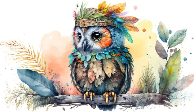 Boho Owl com Cabeça de Pena Gerada pela IA