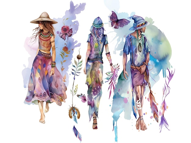 Foto boho pessoas hippies ilustração aquarela em fundo branco