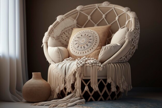 Boho-Stuhl in einem Schlafzimmer und Kissen im Stil von Vray Tracing in hellbeigem und braunem Tondo