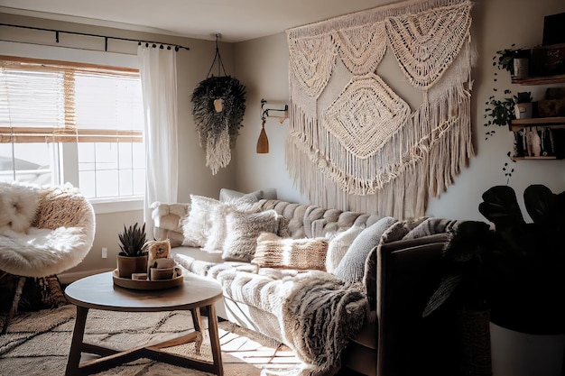 Boho-Wohnzimmer mit Makramee-Wandbehang, natürlichem Licht und gemütlichem Fellteppich