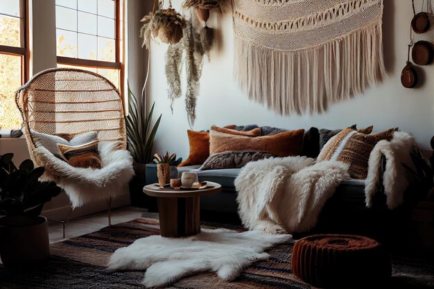 Foto boho-wohnzimmer mit makramee-wandbehang, natürlichem licht und gemütlichem pelzteppich, erstellt mit generativer ki