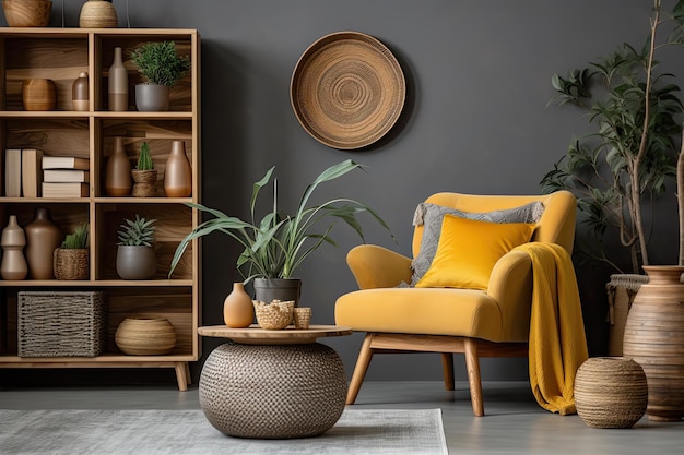 Boho-Wohnzimmerdekoration mit grauem Sofa, Holzmöbeln und botanischen Accessoires, einschließlich Bambus