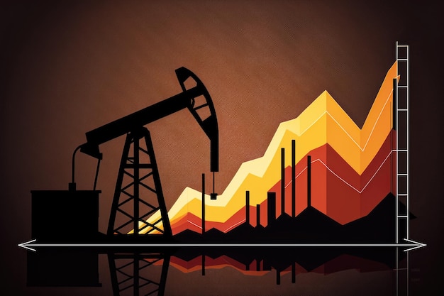 Bohrinsel pumpt Treibstoff vor dem Hintergrund von Grafiken und Diagrammen von Preisänderungen, Anlagekonzept KI generativ