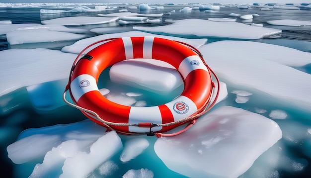 Foto boia de salvação vermelha e branca na cena de resgate no oceano gelado