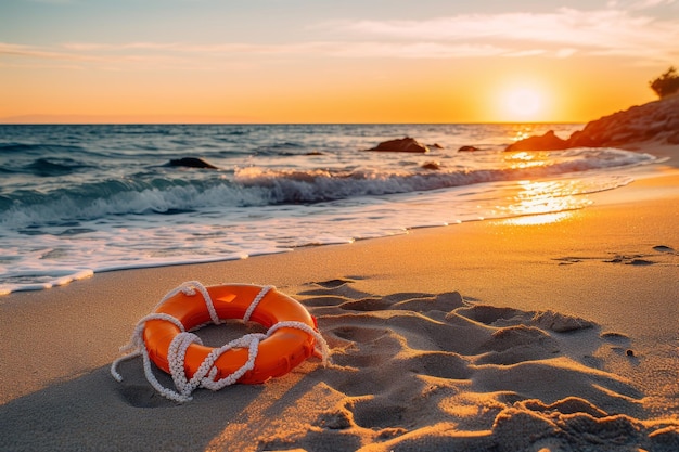 Foto boia salva-vidas laranja no conceito de segurança na praia equipamento de segurança náutica para resgate em água copie espaço