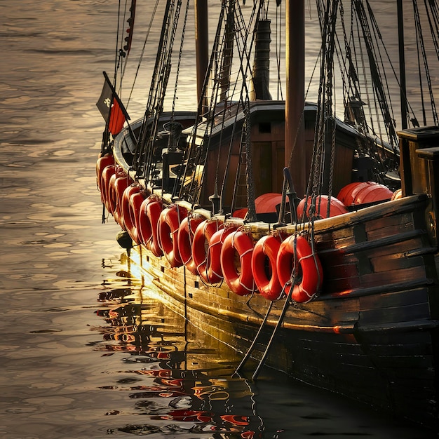 Foto boias salva-vidas vermelhas navio ancorado