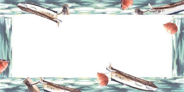 Bóias vermelhas e barcos em aquarela no mar Ilustração pintada à mão sobre fundo branco