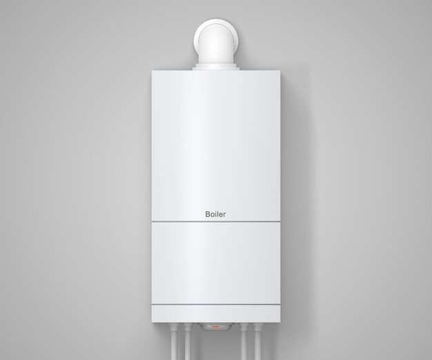 Boiler 3d render Elektrischer Gas- oder Kombi-Warmwasserbereiter mit Rohren auf grauem Wandhintergrund Haushaltsgeräte für Sanitärinstallationen für Haushaltszentralheizungen