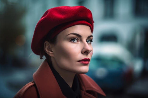 La boina roja y la gabardina Impresionante retrato de una mujer con fuerte personalidad