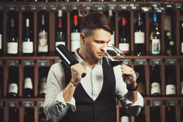 Bokal de vinho tinto no fundo do sommelier masculino apreciando a bebida