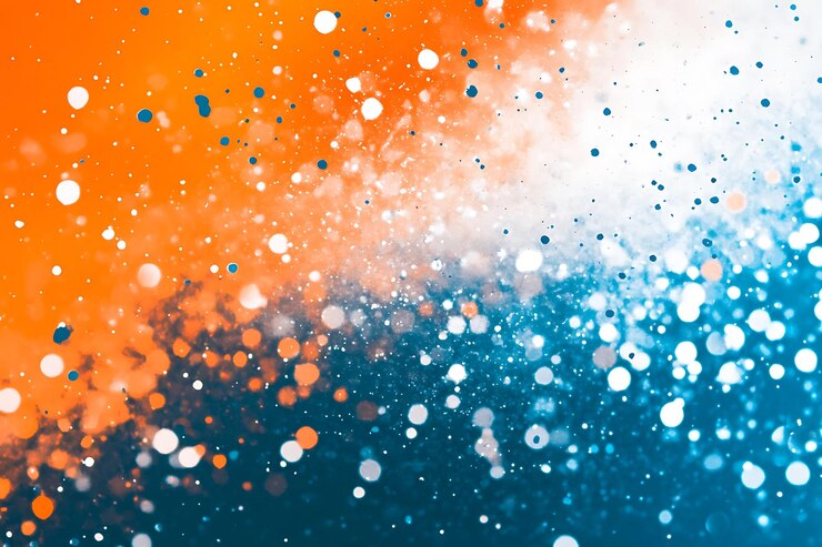 Bokeh abstract naranja y azul vibrante con puntos blancos y azules