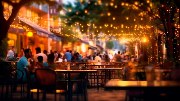 Bokeh background do restaurante de cerveja de bar de rua ao ar livre As pessoas sentam-se relaxam e jantam e ouvem música juntas na avenida Generative AI