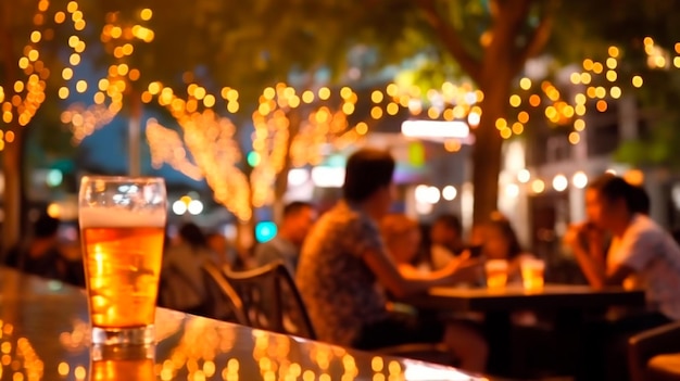 Bokeh background do restaurante de cerveja de bar de rua ao ar livre As pessoas sentam-se relaxam e jantam e ouvem música juntas na avenida Generative AI