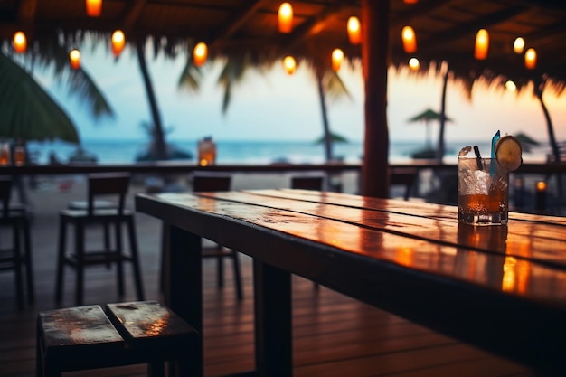 El bokeh borroso de un restaurante bar en la playa al atardecer Ai generativo