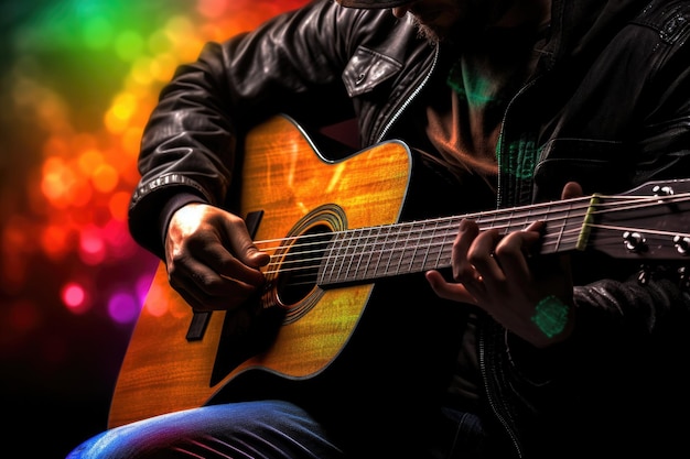 El bokeh colorido mejora el guitarrista en blanco y negro con guitarra acústica