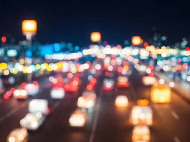 Bokeh de borrão abstrato do engarrafamento noturno na estrada na cidade turva o tráfego da cidade