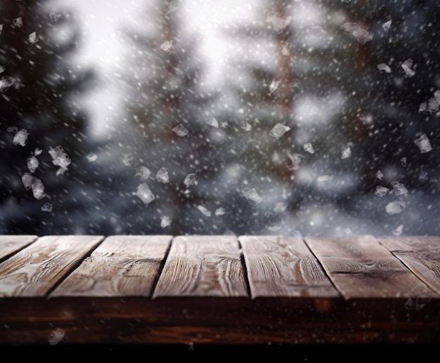Bokeh de queda de neve de tábua de madeira com pano de fundo de Natal de inverno de flocos de neve