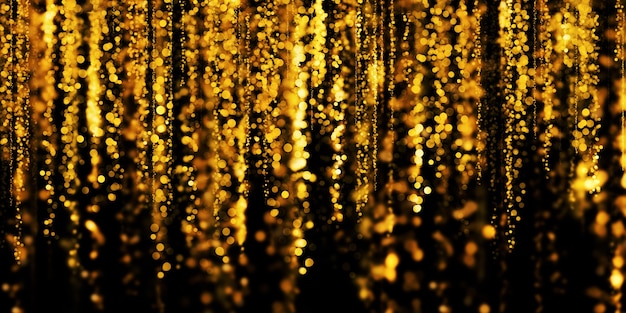 Bokeh dourado flutuante com fundo preto poeira estelar dourada ilustração 3D