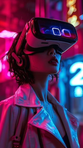 Bokeh einer attraktiven jungen Frau beim Zuschauen von VR unter Neonlicht Generative KI