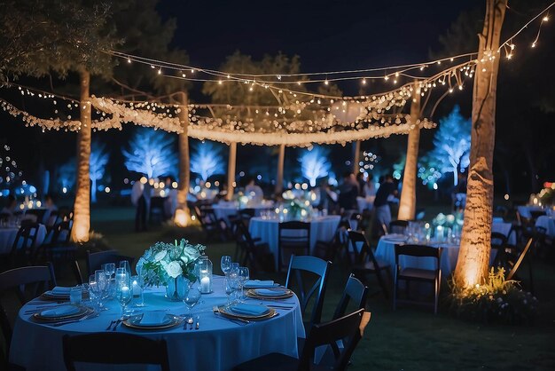 Bokeh en la fiesta de recepción de la boda tomada cuando llegan las horas azules