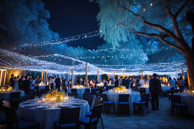 Bokeh en la fiesta de recepción de la boda tomada cuando llegan las horas azules