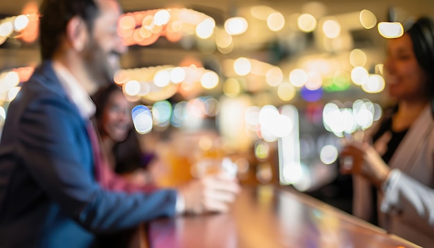 Bokeh de fondo abstracto de la gente de negocios se reúnen en un bar en la hora feliz