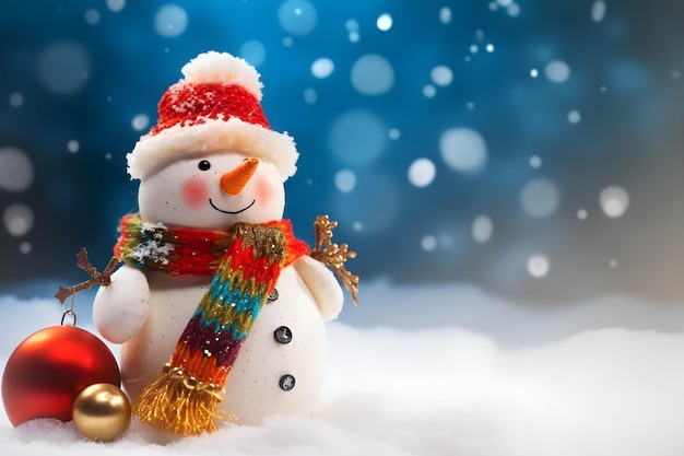 Bokeh de fondo azul navideño con muñeco de nieve blanco envuelto en un gorro y una bufanda