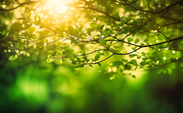 Bokeh de fondo verde con sol detrás de las ramas