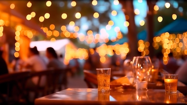 Bokeh-Hintergrund eines Straßenbar-Bierrestaurants im Freien. Die Leute sitzen entspannt da, hängen beim Abendessen ab und hören gemeinsam Musik in der Avenue Generative AI