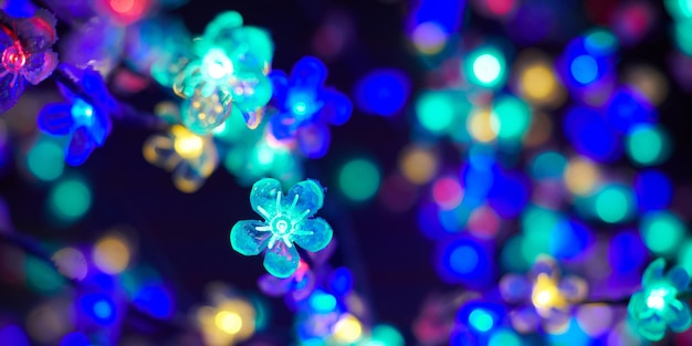 Bokeh de luces multicolores de guirnaldas decorativas de flores luminosas en luces multicolores navideñas