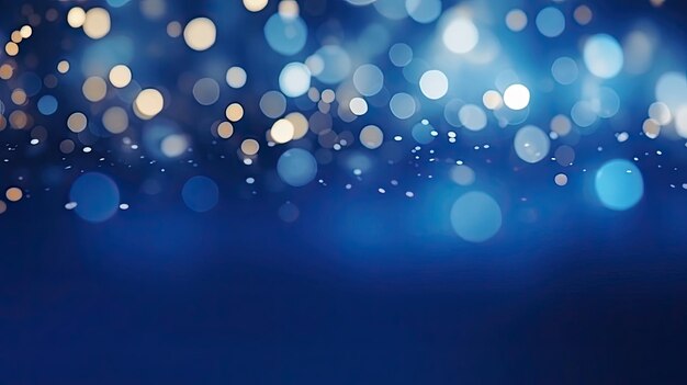 Bokeh de luz borrosa sobre fondo azul oscuro Plantilla de vacaciones de Navidad y Año Nuevo Resumen brillo desenfocado estrellas y chispas parpadeantes